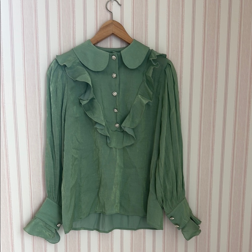 Elegant Seafoam Green Blouse with Ruffled Peter Pan Collar